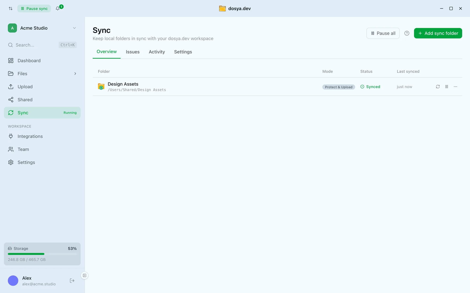 The dosya desktop app Sync screen with a Design Assets folder shown as synced