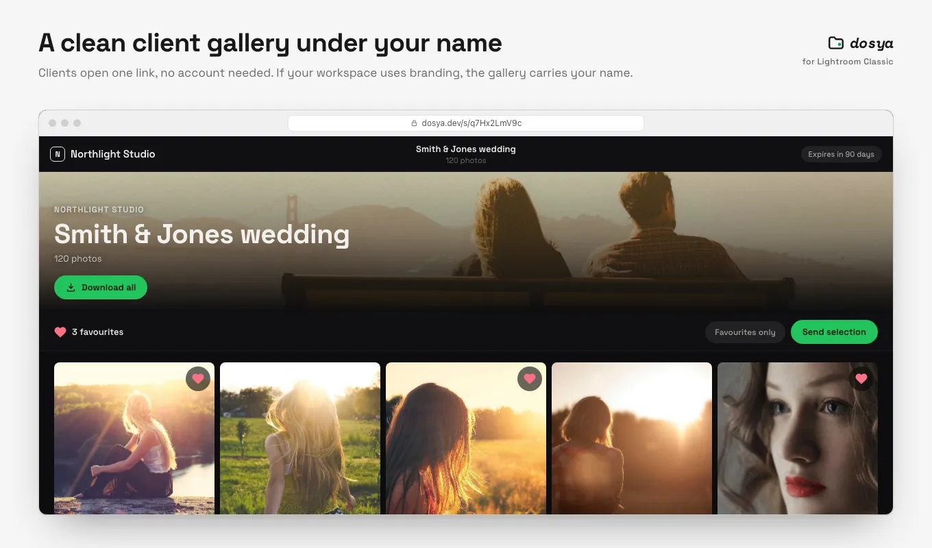 A dosya client gallery published from Lightroom Classic, showing a wedding collection with a Download all button and client favourites