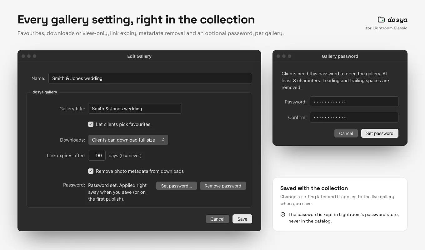 The dosya gallery settings inside Lightroom Classic: favourites, full-size downloads, link expiry, metadata removal and a password