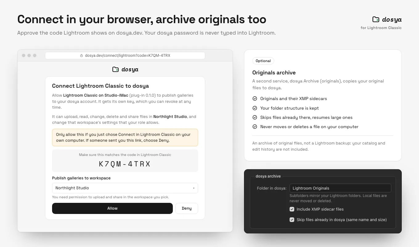 The dosya Originals archive settings in Lightroom Classic, with options to include XMP sidecar files and skip files already uploaded