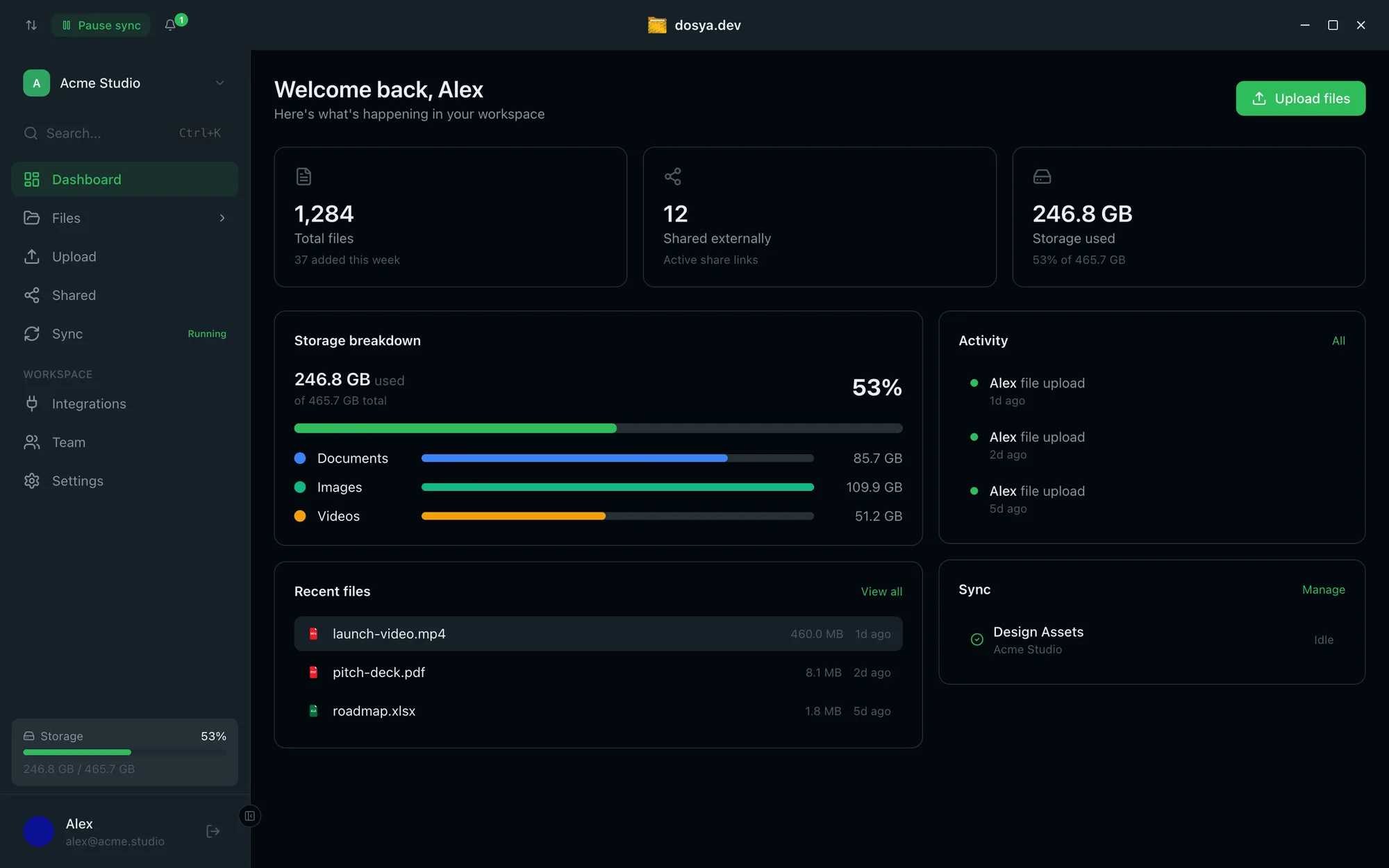 The desktop app dashboard in dark mode: storage breakdown, recent files, activity, and sync status