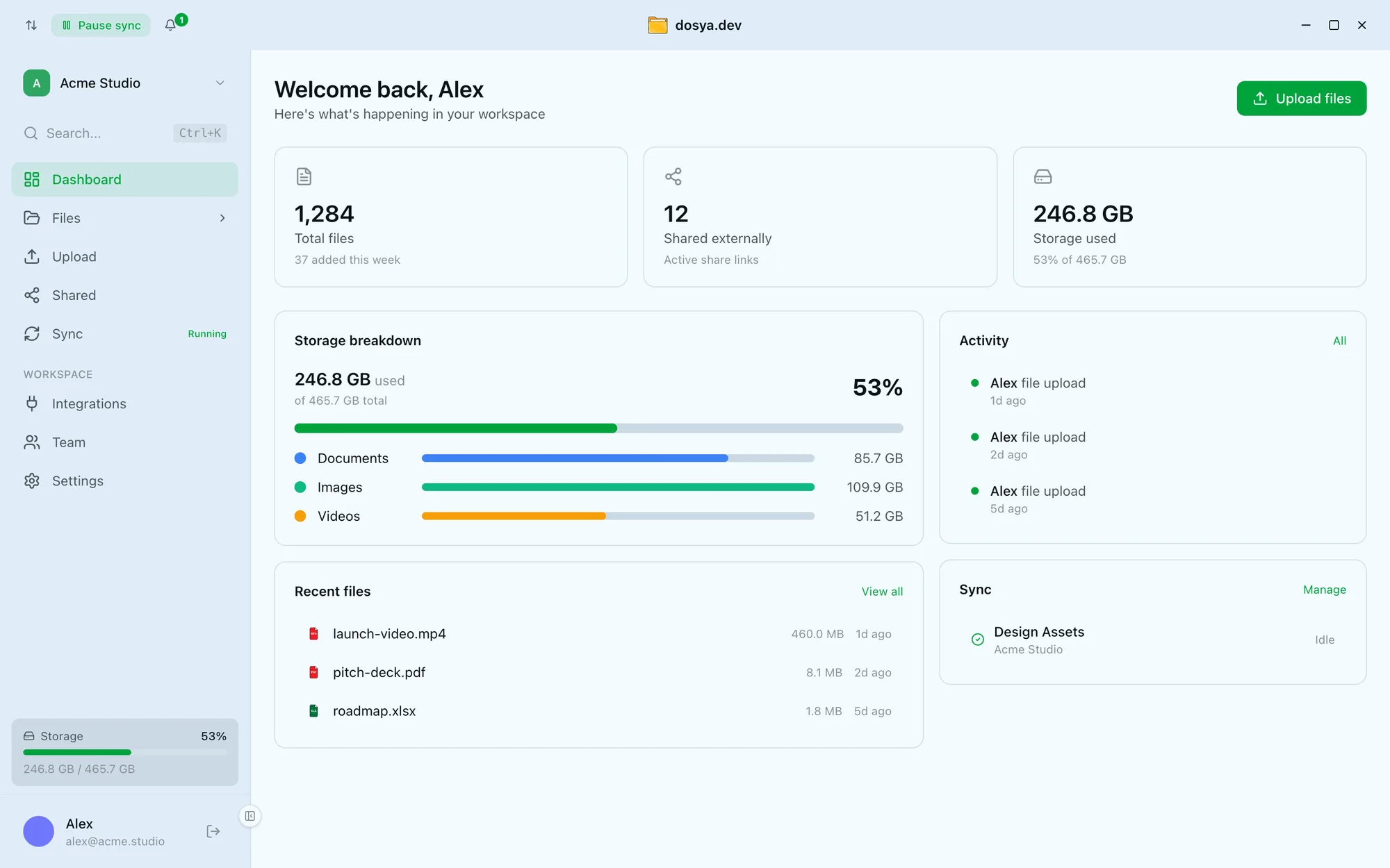 The desktop app dashboard: storage breakdown, recent files, activity, and sync status